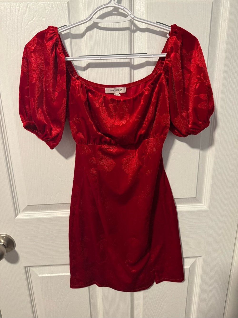 Francesca's Collections Red Puff-Sleeve Jacquard Mini Dress
